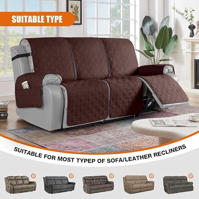 VANSOFY Waterproof Recliner Couch Covers, Sofa Covers 1-Piece Washable Reclining Sofa Cover Non-Slip Furniture Protector with Elastic Straps Pocket for Dogs, Pets(Coffee,3 Seater)