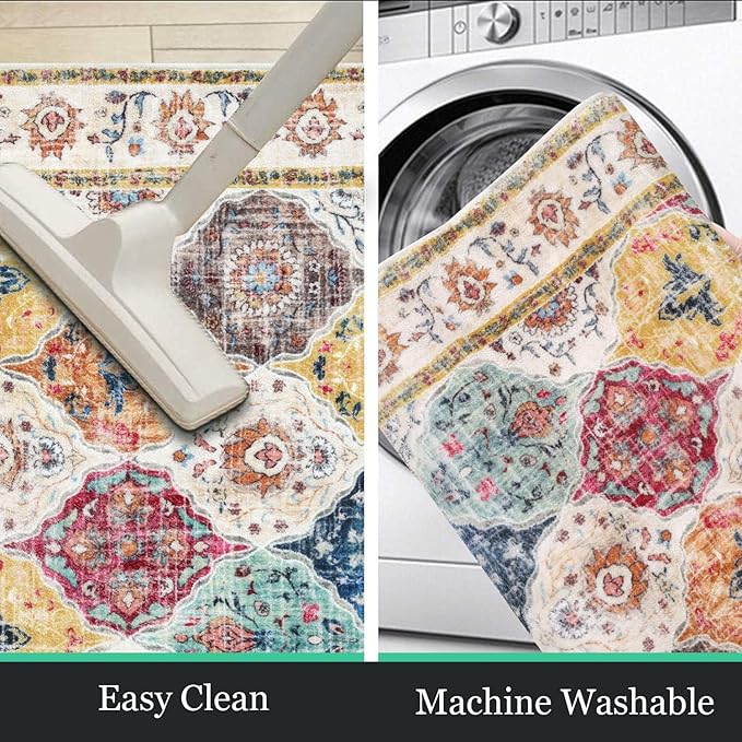 HEBE Washable Area Rug - 3'x5' Non Slip Soft Distressed Medallion Bedroom & Living Room Accent Throw Vintage Entry Floor Carpet for Dining Room & Bathroom Entryway