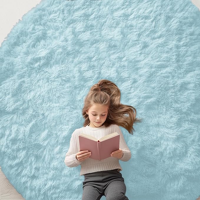 OLANLY Light Blue Round Rugs for Bedroom - Machine Washable, 7 ft Circle Area Rugs for Living Room, Soft and Fluffy Shaggy Carpet for Teen Girl and Boys, Nursery Rooms, Dorms, Home Decor Aesthetic
