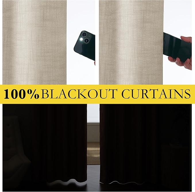 NICETOWN Taupe 100% Blackout Linen Curtains 120 inch Long Burg, Farmhouse Thick Completely Blackout Window Treatment Panels Thermal Insulated Drapes for Living Room (1 Pair, 52" Width Each Panel)