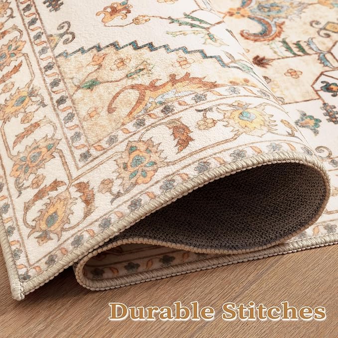 SERISSA Boho Area Rug 5x7 Light Yellow, Washable Large Rugs for Living Room, Ultra Soft Non-Slip Bedroom Rug Print Distressed Vintage Farmhouse Carpet Rug for Dining Room Dorm Office Home Decor