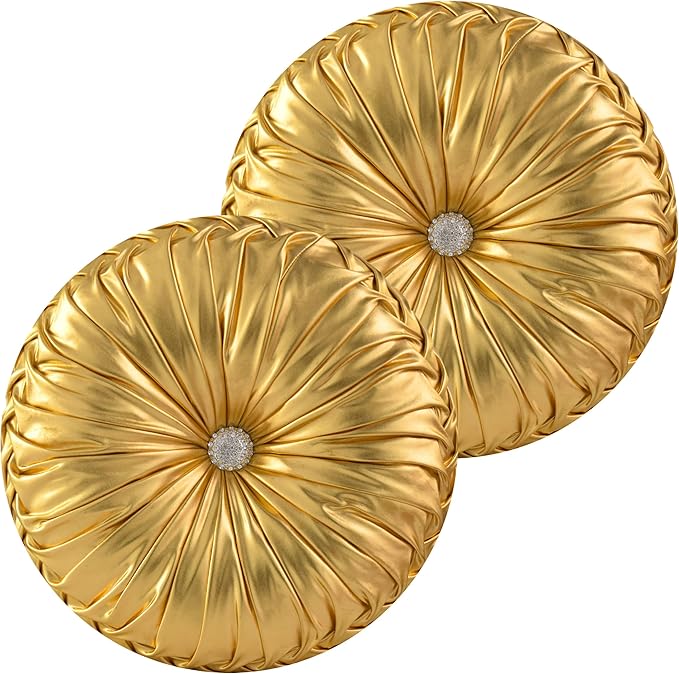 HIG Set of 2 Handcrafted Gold Ruched Round Throw Pillows – 14.5’’ Metallic Leather Decorative Pillows with Soft Polyester Filling for Couch, Bed, Living Room, Bedroom, or Dorm