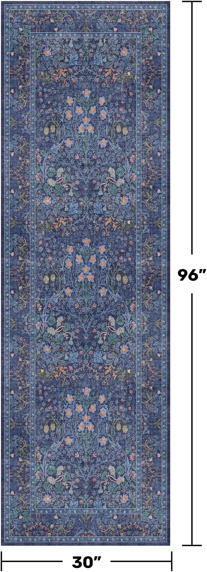 Dark Blue 2'6" x 8' Runners for Hallways Non Slip, Extra Long Floor Runner for Kitchen, Entryway Indoor, Washable Rubber Backing Stain Resistant - Vintage Navy Blue Floral Décor