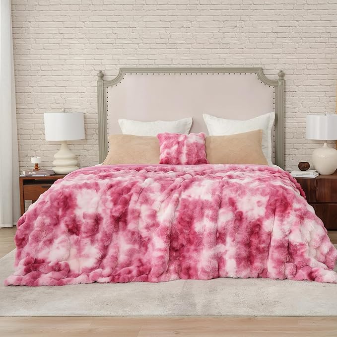 Cozy Bliss Faux Fur Throw Blanket for Bed King Size, Bubble Plush Blanket, Fuzzy Soft & Thick Blanket for Bed Sofa Living Room, 108x90 Inches Tie-dye Pink