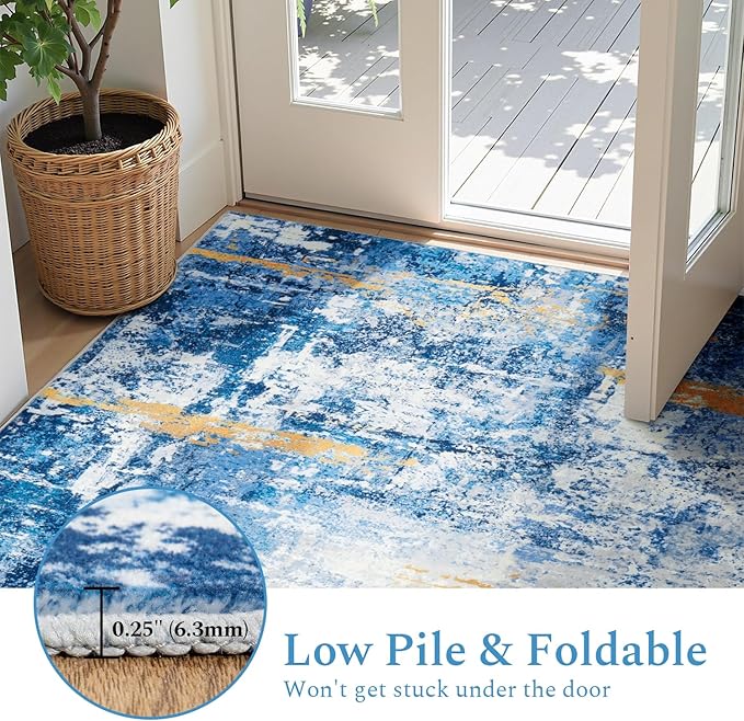 Rugflix 5x7 Area Rugs for Living Room, Washable Large Rug Stain-Resistant Low Pile, Modern Carpet for Dining Room Home Office Kid Room Nursery Bedroom, Blue Gold