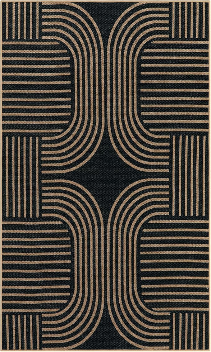 Lahome Enfys Modern Geometric Outdoor Easy Jute Rug, 3x5 Indoor Outdoor Rugs for Entryway Black Living Room Carpet, Farmhouse Washable Non Slip Carpet for Patio Courtyard Bedroom