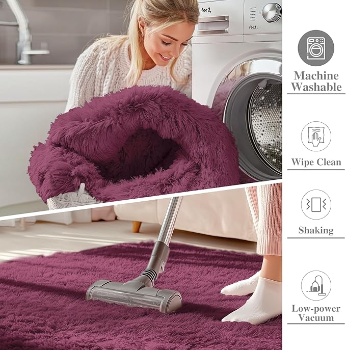 OLANLY Area Rugs for Living Room Bedroom, Machine Washable 4x5.9 ft Soft Fluffy Shaggy Bedside Rug, Indoor Floor Carpet for Kids Girls and Boys, Dorms, Nursery Rooms, Home Decor Aesthetic, Burgundy