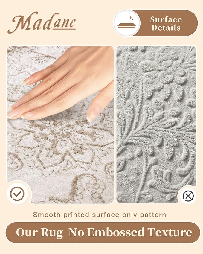 Madane Runner Rug 2x10 for Hallway, Kitchen Non-Slip Runner Rug with Rubber Backing, Vintage Soft Low Pile Throw Neutral Carpet Runner for Laundry Room Entryway Bathroom Bedroom (2 x 10, Brown/Ivory)