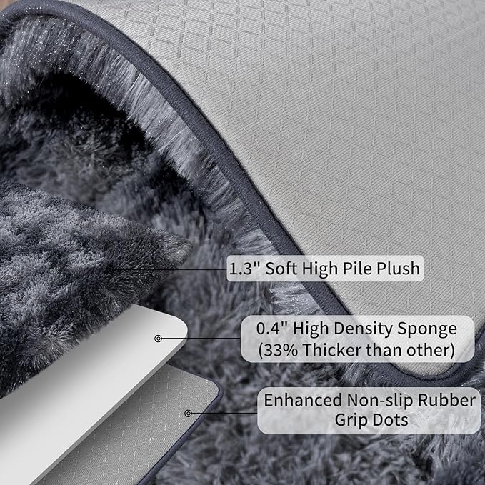 Ultra Soft Runner Rugs for Bedroom Hallways with Upgraded Non-Slip Rubber Backing & Thick Memory Sponge, 2x4 Feet Fluffy Shag Throw Area Rug for Bedside Dorm Tie-dye Dark Grey