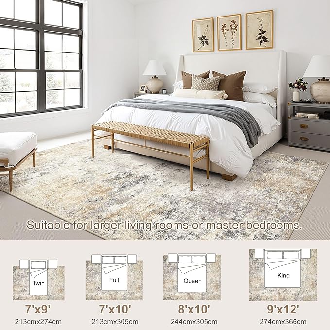 9x12 Area Rug Living Room Rugs - Washable Neutral Modern Abstract Soft Thin Large Rug Indoor Floor No Slip Rug Carpet for Bedroom Under Dining Table Home Office Decor - Golden Grey