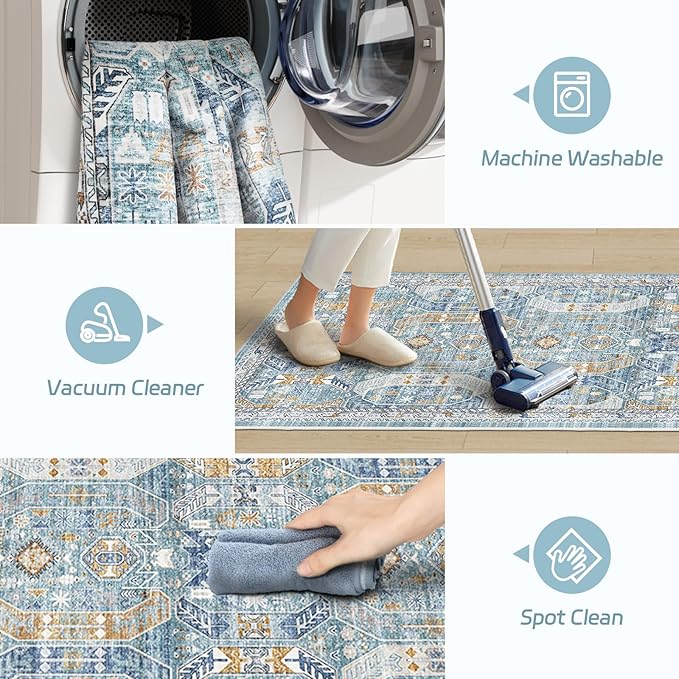 Madane Runner Rug 2'6''x8' Kitchen Runner, Hallway Runner Printed Vintage Washable Rugs Soft Non-Slip Low Pile Runners for Hallways Laundry Room Distressed Carpet, Blue/Gold