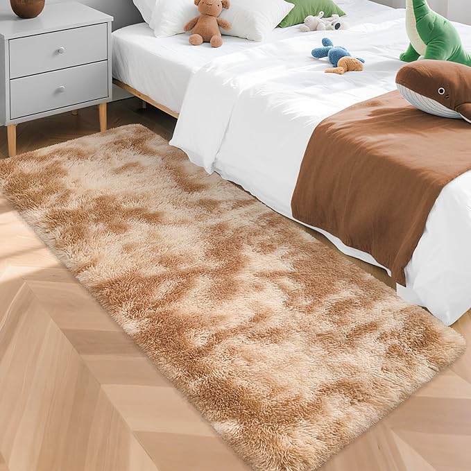 Super Soft Fluffy Living Room Area Rugs 2x5 ft Tie-Dyed Beige Shaggy Furry Carpet Washable Non-Slip Floor Rug Bedroom Bedside Nursery Rug Fuzzy Girls Boy Reduce Noise Dorm Home Decor
