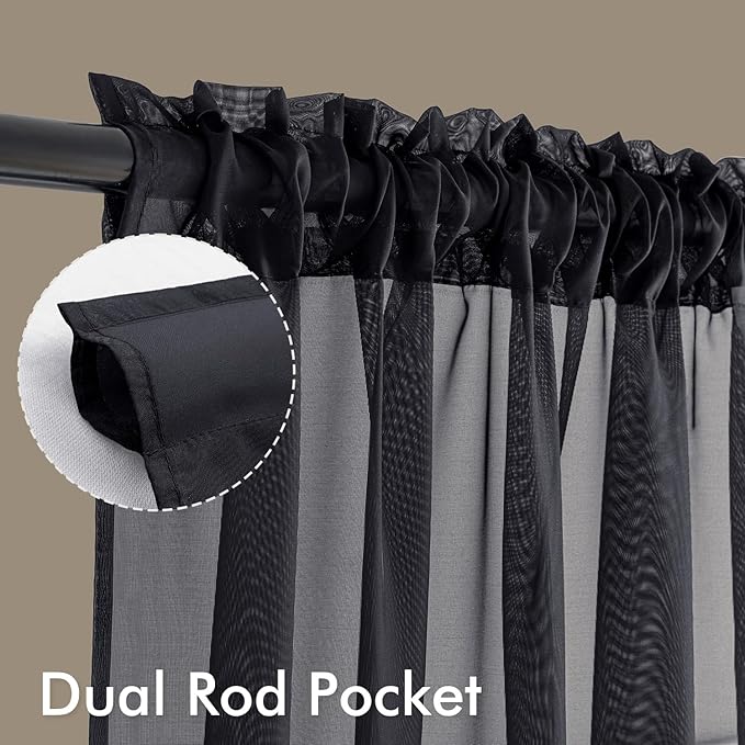 MIULEE Short Curtains 30 Inches Long, 4 Panels Set, Light Filtering Half Window Tier Black Sheer Curtains for Kitchen/Bathroom, 42W x 30 Inches