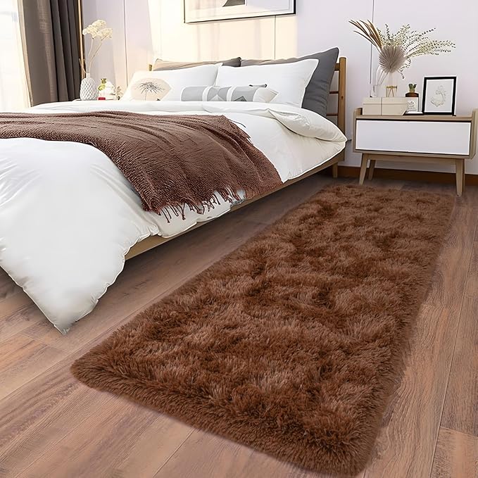 Soft Runner Rugs for Bedroom Hallways, 2x5 Brown Fluffy Shag Throw Area Rug Non Slip for Bedside Dorm, Long Shaggy Furry Carpet for Nursery Living Room