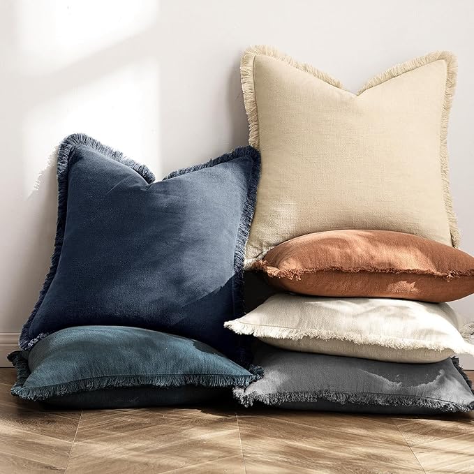 MIULEE Decorative Throw Pillow Covers Neutral Linen Fringe Throw Pillows Set of 2 Indigo Blue Boho Farmhouse Cushion Covers Coastal Decor for Couch Sofa Bed Living Room Spring Decor 20x20 Inch
