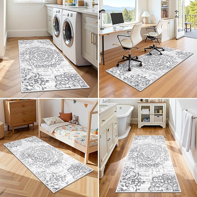 HEBE Hallway Runner Rug 2'x4' Washable Vintage Distressed Area Rugs Non Slip Laundry Rug Runner Boho Floor Carpet Runners for Hallways Entryway Laundry Room Kitchen Bathroom