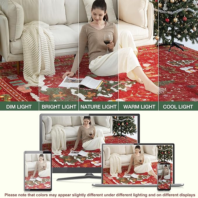 UERMEI Christmas Runner Rug for Hallway: 2x6 Neutral Modern Festive Low Pile Soft Thin Indoor Carpet for Bedroom Kitchen Mat Kids Room Holiday Decor - Red