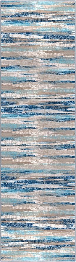 Lansny Modern Abstract Bedroom Runner Rug 2x7, Blue Washable Kitchen Runner, Non-Slip Soft Thin Faux Wool Mat for Entryway, Hallway, Laundry Room, Indoor Home Decor