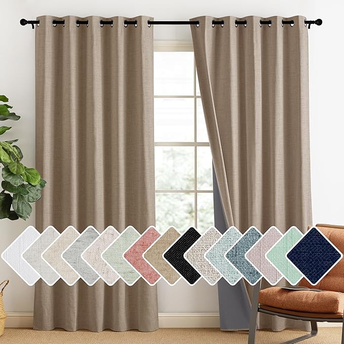 NICETOWN Burlap Vintage Open Linen Weave Flax Thermal Curtains, 100% Blackout Curtains 90" Long for Dining Room, Soundproof Window Treatment Drapes for Home Office, 62" Wide Per Panel, Set of 2