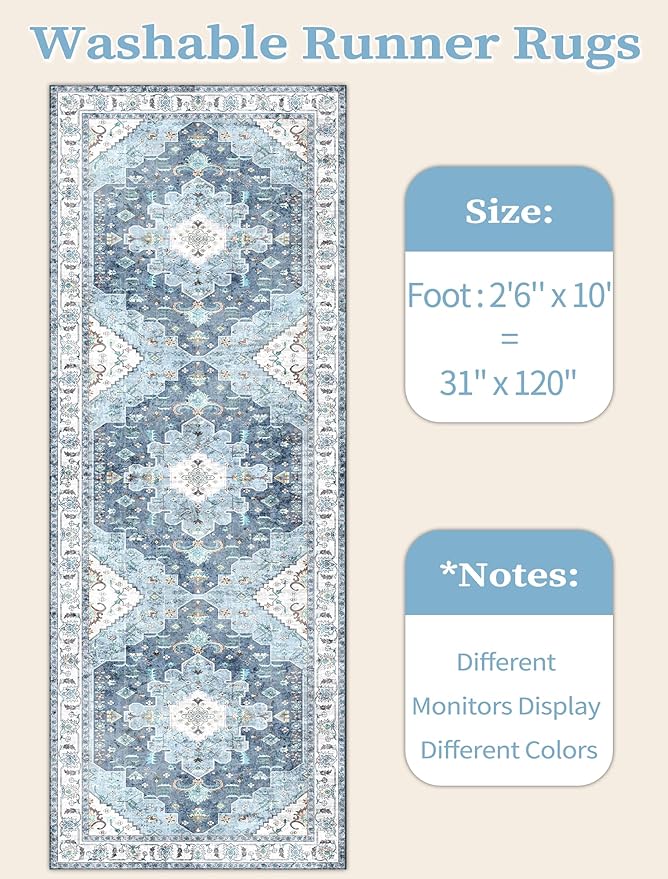 SERISSA Boho Washable Runner Rug, 2'6"x10' Long Non-Slip Vintage Blue Hallway Kitchen Stair Runner Rug Ultra Soft Print Distressed Floor Carpet for Bedroom Bathroom Laundry Room