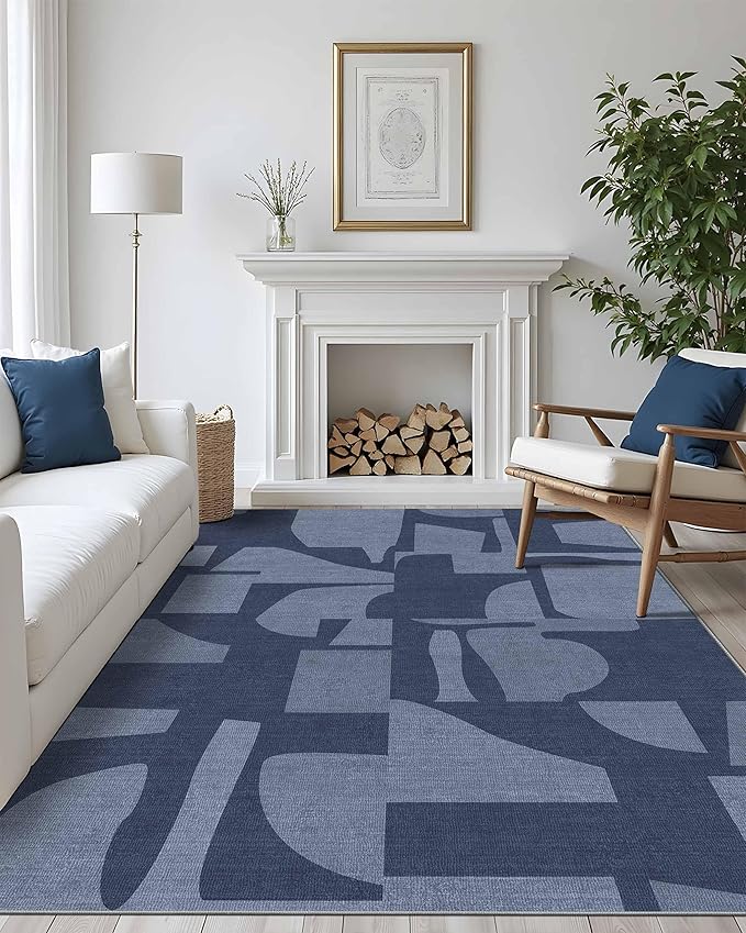 Latte&Fog 8x10 Area Rugs for Living Room, Large Modern Abstract Washable Rug, Boho Non Slip Low Pile Carpet for Indoor Bedroom Dining Room, Office, Dorm, Classroom, Farmhouse and Kids Room - Navy Blue