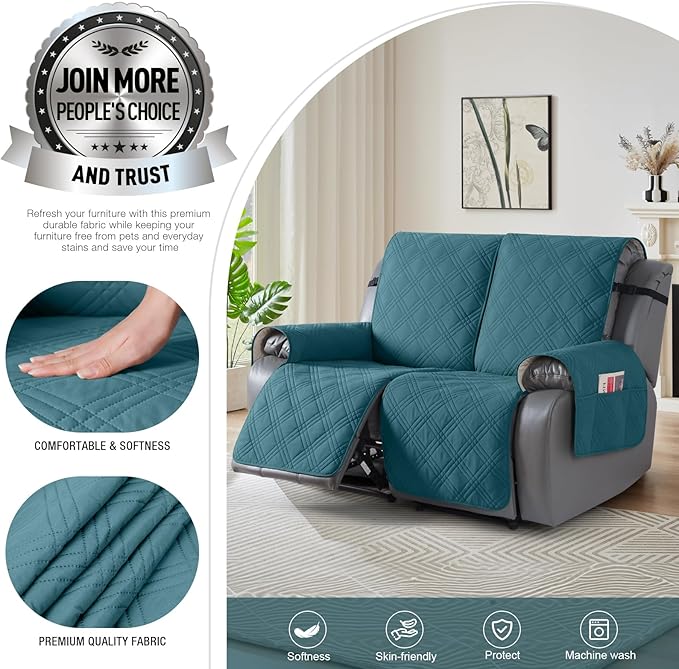 TAOCOCO 100% Waterproof Loveseat Recliner Covers 2 Seater, Split Loveseat Covers for Reclining loveseat, Non Slip Reclining Couch Cover with Double Straps for Kids, Pets(2 Seater, Peacock Blue)