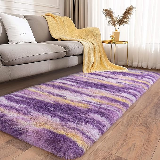Soft Runner Rugs for Bedroom Hallways, 2x6 Abstract Purple Fluffy Shag Throw Area Rug Non Slip for Bedside Dorm, Long Shaggy Furry Carpet for Nursery Living Room