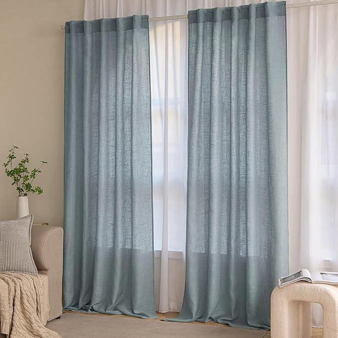 MIULEE Dusty Blue Linen Curtains 84 Inch Length 2 Panels for Bedroom Living Room, Soft Thick Linen Textured Window Drapes Semi Sheer Light Filtering Back Tab Rod Pocket Burlap Look Light Blue Decor