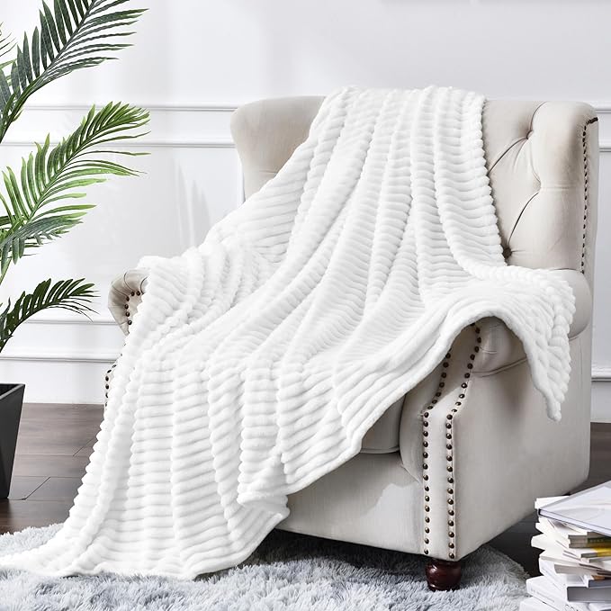 BEDELITE Fleece Throw Blanket for Couch – 3D Ribbed Jacquard Soft and Warm Decorative Fuzzy Blanket – Cozy, Fluffy, Plush Lightweight White Throw Blankets for Bed, Sofa, 84x90 inches