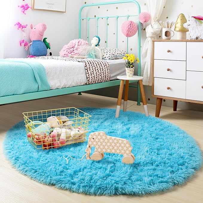 Amdrebio Blue Soft Round Rugs 4Ft for Kids Bedroom, Fluffy Circle Area Rugs for Teen Girls Boys, Cute Play Room Decor Aesthetic, Plush Shaggy Fuzzy Carpet for Nursery Classroom Preppy Dorm Playroom