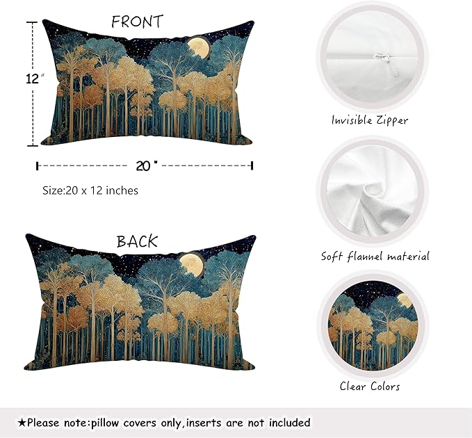 Rustic William Morris Inspired Gold Forest Moon Pillow Covers 12x20 Set of 2,Vintage Black and Gold Botanical Moon Nature Landscape Decorative Throw Pillow Covers for Home Bedroom Living Room
