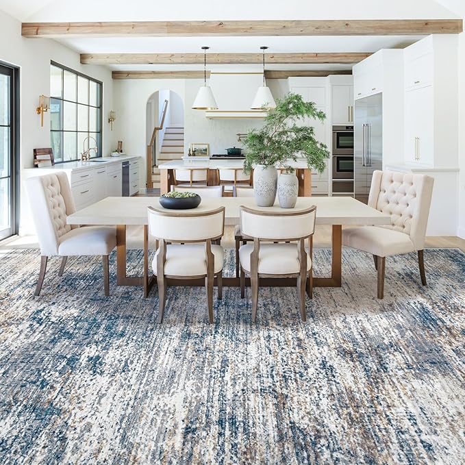 XLUEZ 9x12 Area Rug for Living Room, Washable Modern Abstract Large Area Rug Neutral Soft Non Slip Kids Rug Stain Resistant Indoor Carpet for Bedroom Dining Room Playroom Office(BlueWhite, 9'x12')