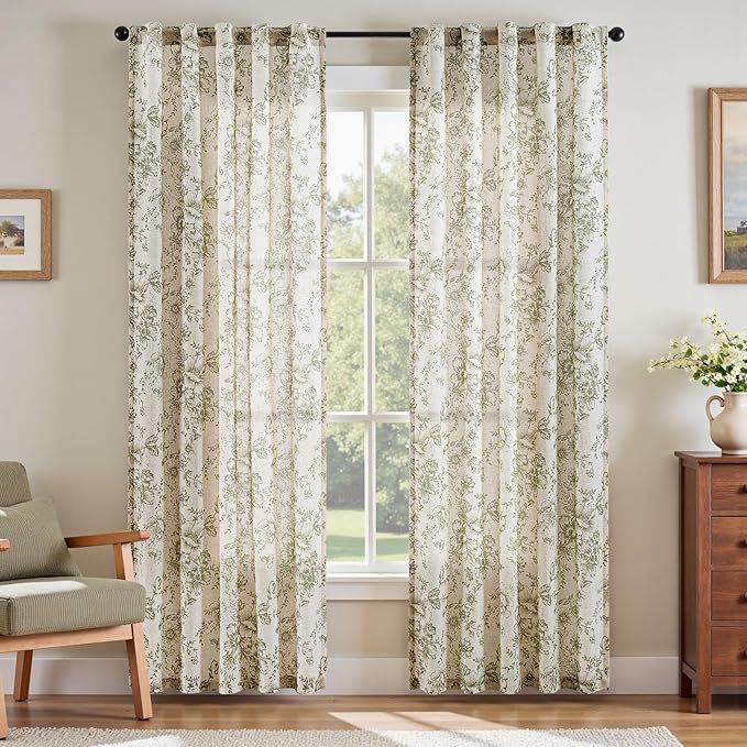 jinchan Linen Blend Floral Curtains for Living Room 84 Inch Length Farmhouse Printed Curtain Rod Pocket Back Tab Sage Green Peony Flower Patterned Drapes Bedroom Curtains Set 2 Panels