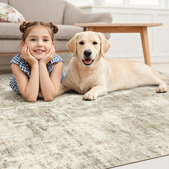 9x12 Area Rug for Living Room, Abstract Non Slip Machine Washable Vintage Carpets, Low Pile Lightweight Large Rug for Bedroom, Dining Room, Home Office Beige Gray