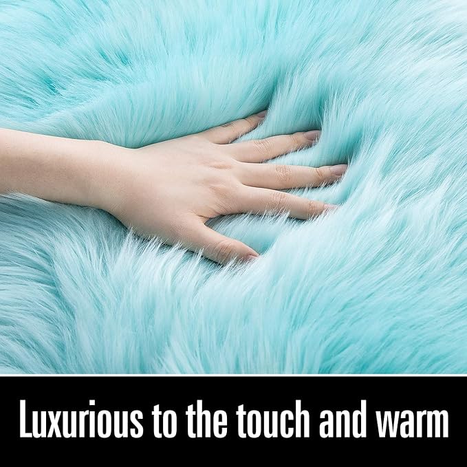 LOCHAS Soft Fluffy Faux Fur Rugs for Bedroom Bedside Rug 3x5 Feet, Washable, Furry Sheepskin Area Rug for Living Room Girls Room, Luxury Shag Carpet Home Decor, Blue