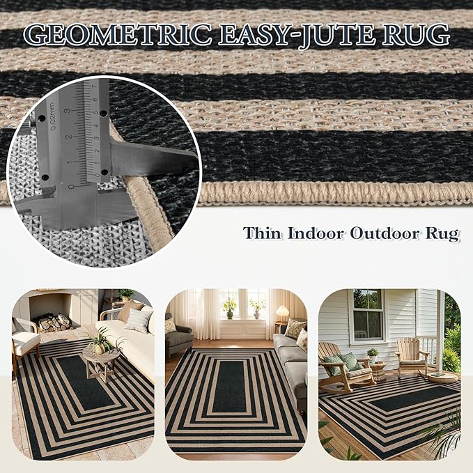 Lahome Enfys Modern Geometric Easy Jute Outdoor Rug, 5x7 Patio Living Room Rug Large Black Carpet for Bedroom, Farmhouse Washable Indoor Outdoor Carpet for Dining Room Backyard Deck