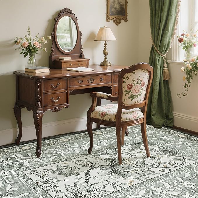 GarveeHome Provence 6x9 Area Rugs, Botanical Grove Soft Cottagecore Non-Slip Washable Rug for Bedroom Living Room Nursery Kitchen Low-Pile Retro Carpet Gray Fog Green