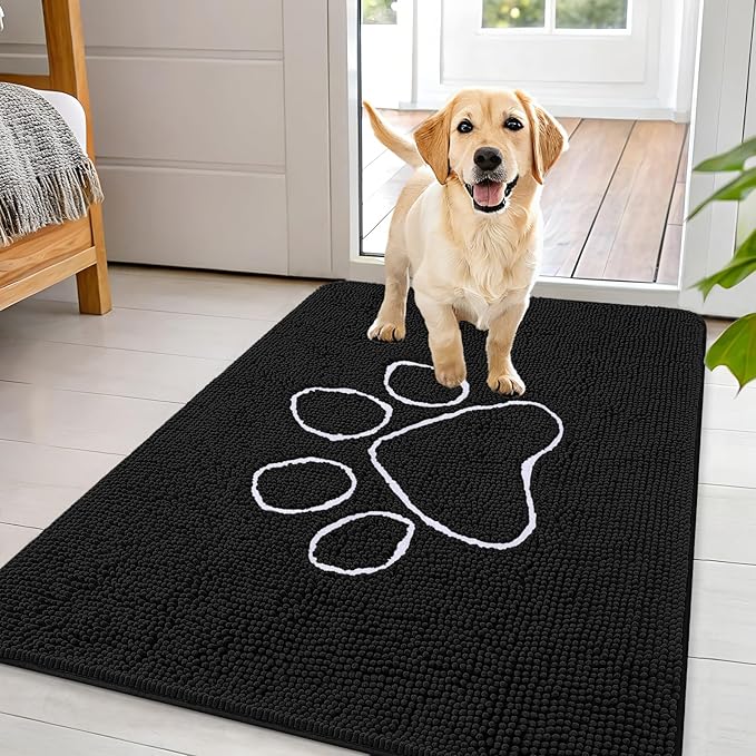 OLANLY Dog Door Mat for Muddy Paws 44x32, Paw Print Design, Absorbs Moisture and Dirt, Absorbent Non-Slip Washable Doormat, Quick Dry Chenille Mud Mat for Dogs, Entry Indoor Entryway Carpet, Black