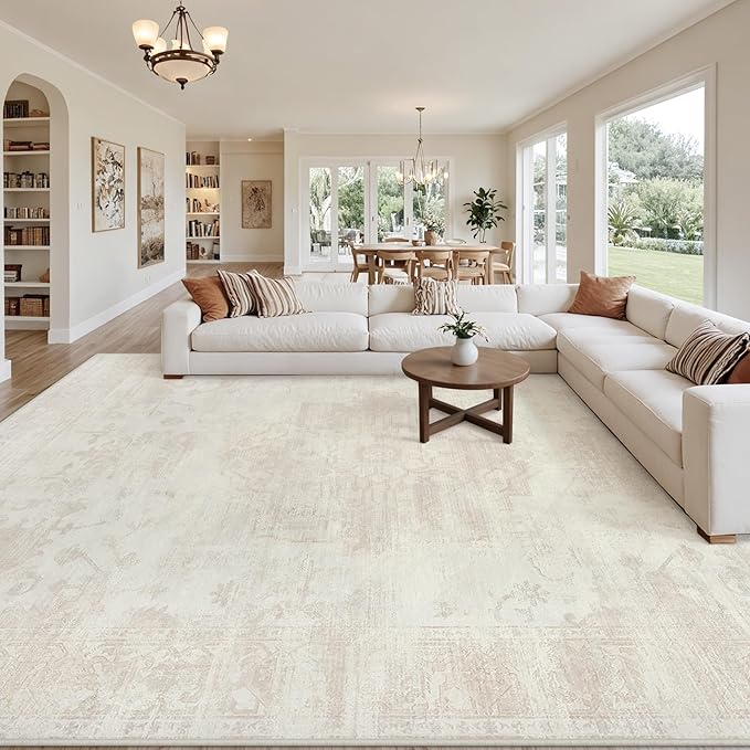 8x10 Area Rugs for Living Room: Vintage Boho Neutral Washable Rug Indoor Soft Large Area Rug Carpet for Bedroom Nursery Farmhouse Dining Room Office Floor Non-Slip Low Pile Under Table Rug Cream Beige