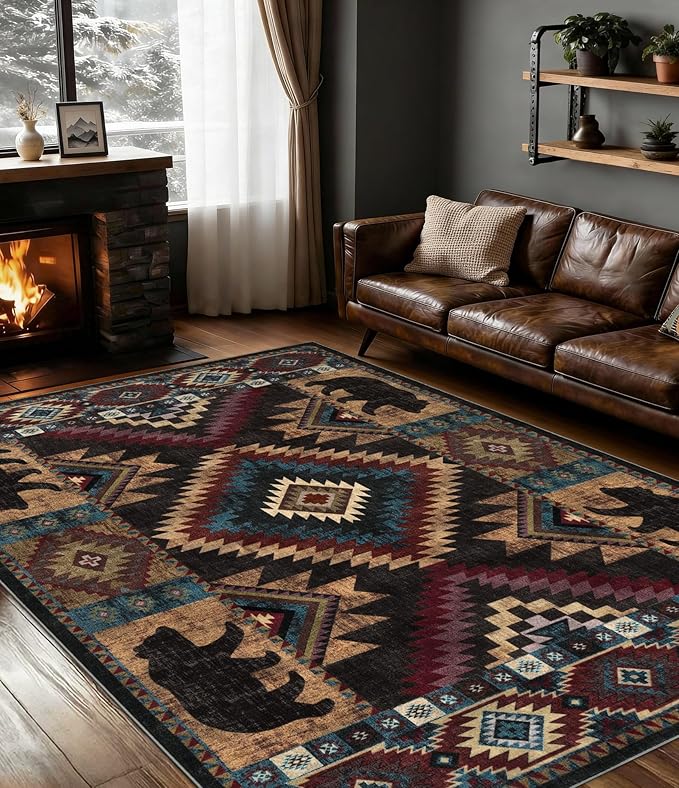 YIHOUSE Rustic Cabin Area Rug for Bedroom 5x7,Machine Washable Lodge Bear Rug,Non-Slip Low Pile Print Pattern Western Rug for Living Room