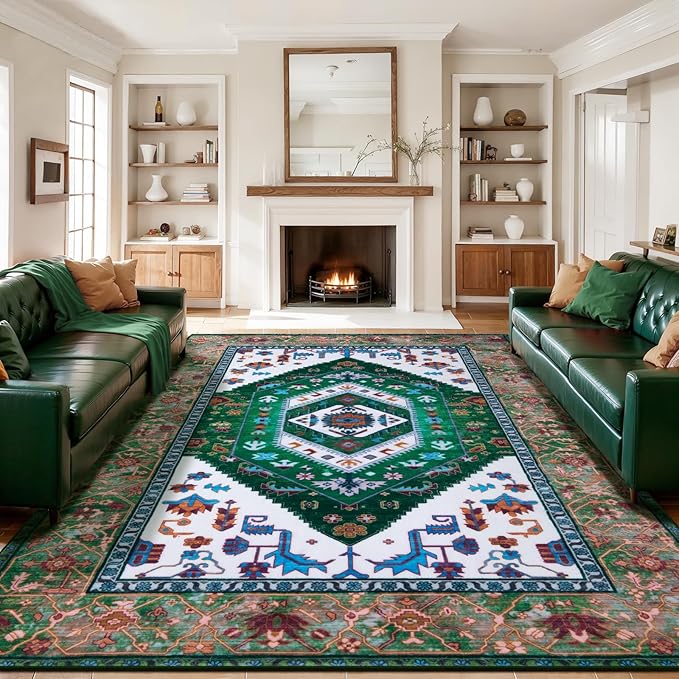 SERISSA 9x12 Area Rugs for Living Room, Large Washable Non-Slip Boho Rug, Ultra Soft Vintage Green White Oriental Tribal Print Distressed Carpet for Dining Room Bedroom Dorm Office Home Decor