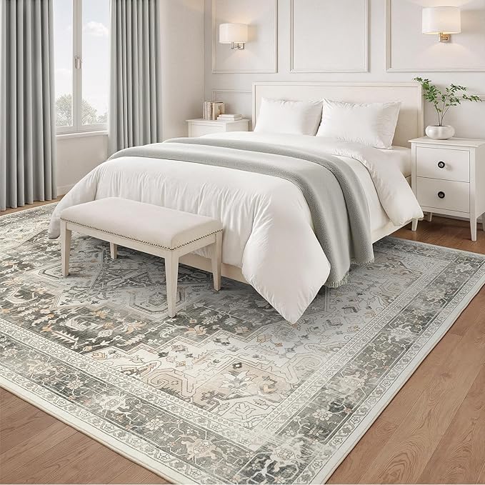 Rugflix 5x7 Area Rugs for Living Room, Machine Washable Rug Non Slip Stain Resistance, Large Rug Vintage Distressed Soft Carpet for Bedroom, Dining Room, Home Office, Beige Grey