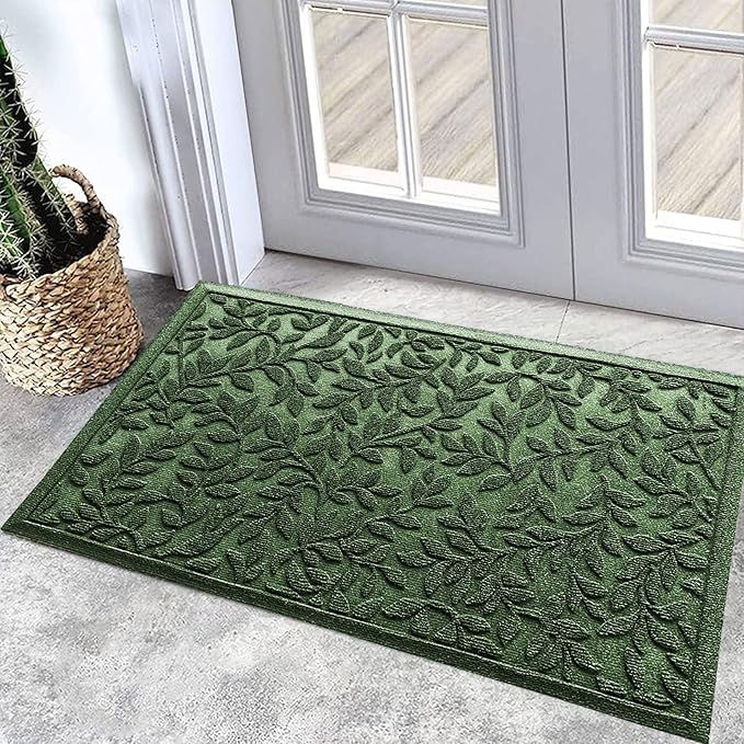 Bulijojo Sturdy Frontr Entrance Doormats,Durable Heavy Duty Welcome Mat,Thick Absorbent Natural Rubber Non Slip Mat,Easy Clean Entryway Mat Leaves Green 23"x35"