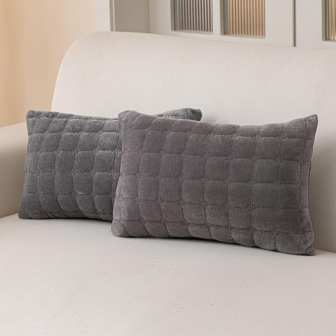 Velvet Throw Pillow Covers(Pack of Two, Dark Grey) 12×20 Inch Decorative Pillows Cover Neutral Soft Chenille Couch Pillows with Zipper Aesthetic for Living Room and Bedroom