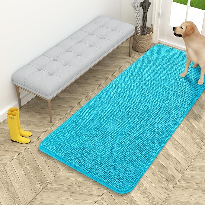 OLANLY Dog Door Mat for Muddy Paws 54x24, Absorbs Moisture and Dirt, Absorbent Non-Slip Washable Doormat, Quick Dry Chenille Mud Mat for Dogs, Entry Indoor Entryway Carpet for Inside Floor, Aqua Blue