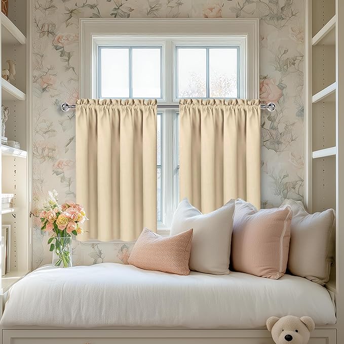DWCN Beige Room Darkening Curtains for Kitchen/Bedroom, 60 x 36 inches Long - Energy Saving Window Drapes for Nursery with Rod Pocket, Set of 2 Panels