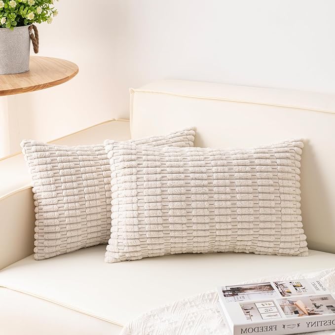 Pack of 2 Corduroy Decorative Throw Pillow Covers 12x20 InchSoft Boho Striped Pillow Covers Modern Farmhouse Home Decor for Sofa Living Room Couch Bed（Cream White）