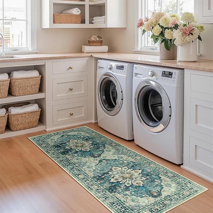 RELEANY Area Rugs 2'x5' Runner Rug Non Slip Washable for Kitchen Hallway Bedroom Beside Laundry Room Bathroom Rug, Floor Carpet, Dark Blue Vintage