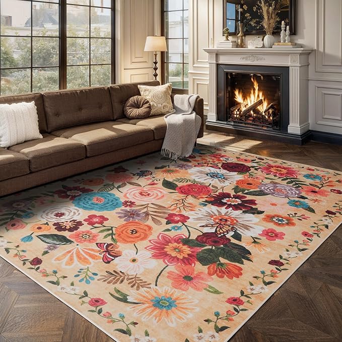 Area Rugs 10x14 Living Room, Non Slip Machine Washable Floral Rugs, Low Pile Lightweight Large Rug for Bedroom, Dining Room, Home Office(10 x 14, Yellow Garden)