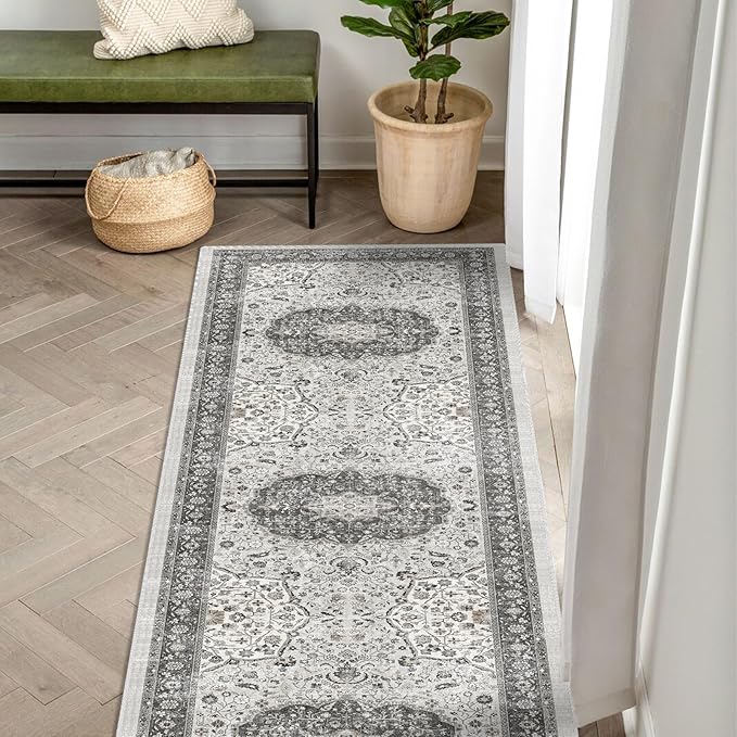 Hallway 2x5 Washable Runner Rug: Oriental Stain Resistant Kitchen Entryway Rugs Farmhouse Ultra Soft Bathroom Bedroom Print Floor Mat Thin Non Slip Indoor Carpet for Living Room Laudry(2X5, Grey)